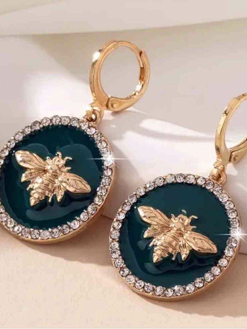 Dark Green Enamel Bee Rhinestone Gold Tone Leverback Drop Earrings